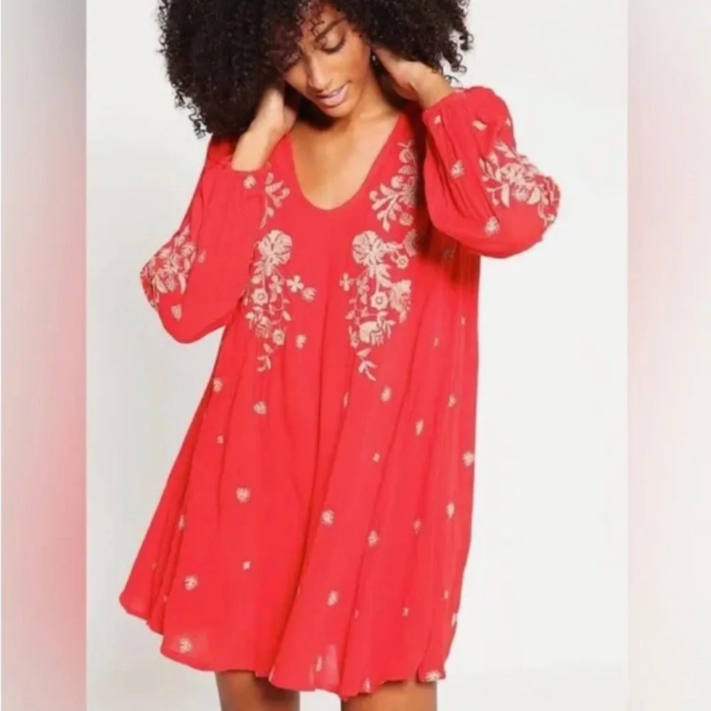 Free People Vibrant Red Long Sleeve Mini Dress - Picture 5 of 6